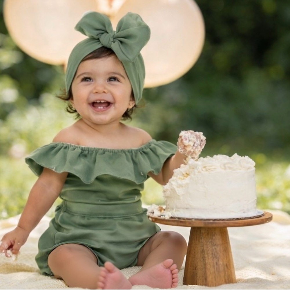 Sage Green Baby Romper with Headband, custom made, ruffle off shoulder romper